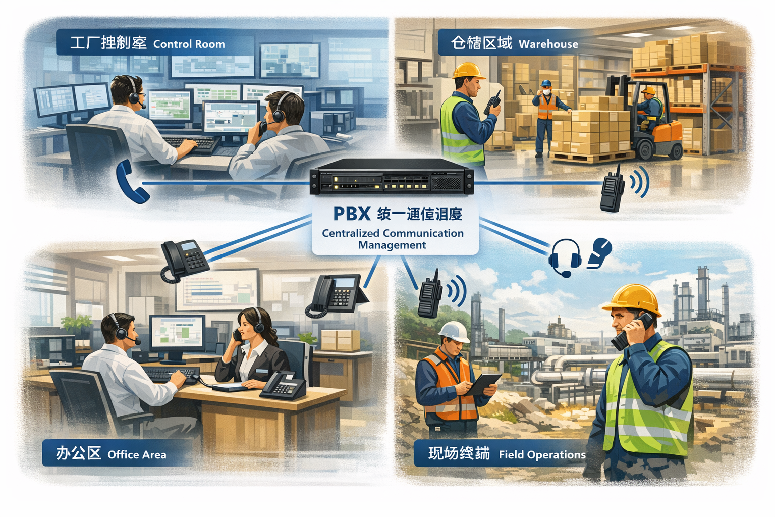 PBX对内部拨号、外部来电、中继路由和部门队列进行呼叫处理的流程图