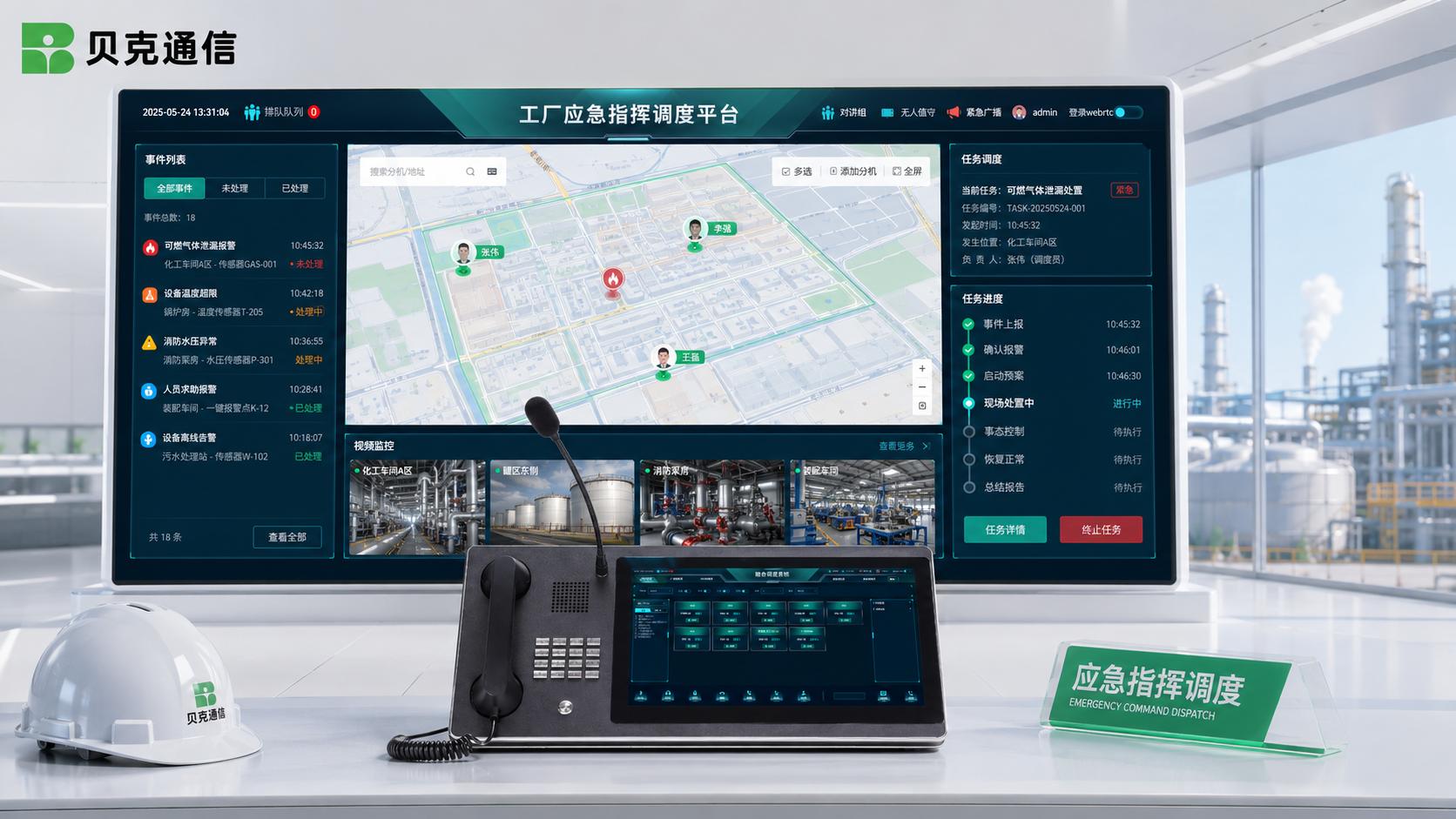 厂区应急指挥调度平台展示事件列表GIS地图人员定位视频画面和任务进度